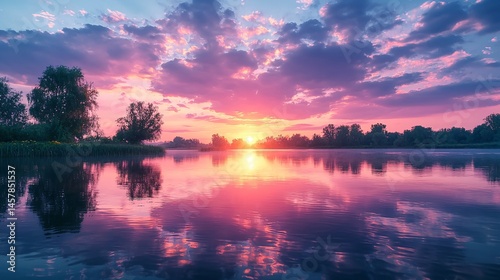 Quiet lake and beautiful sunset