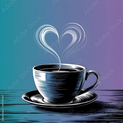 Abstract line art of hot coffee with heart steam on gradient purple and blue background.
