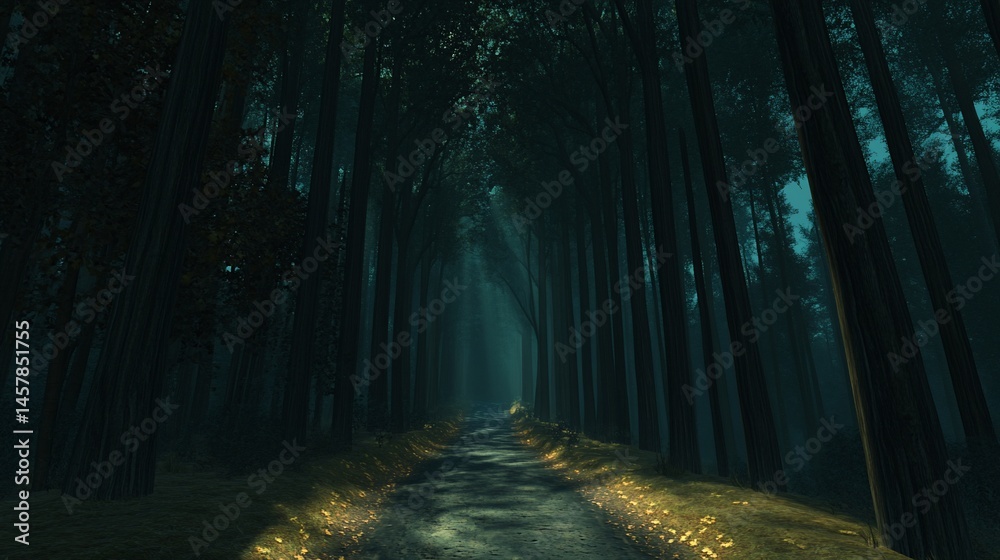 Fototapeta premium Dark, mystical forest path. Dim light filters through the trees