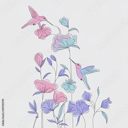 Pastel hummingbirds with flowers in minimalist line art on light gray background.