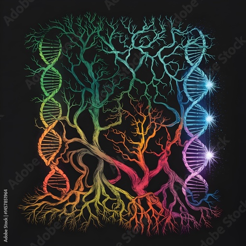Molecular graffiti art blending DNA and organic tree forms.