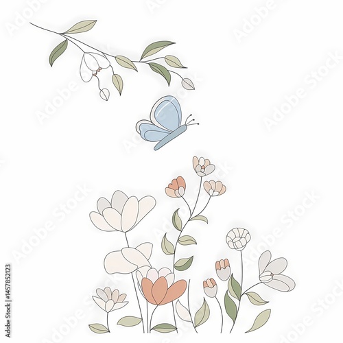 Butterfly in blooming spring garden line art on white background.