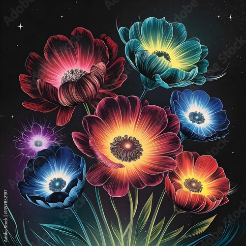 Bioluminescent garden of glowing flowers floating in space.