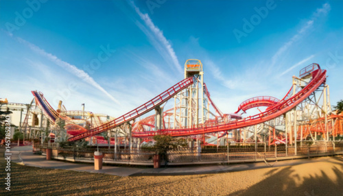 A blurred amusement park scene captures the essence of thrill and excitement, featuring a roller coaster against a backdrop of a bright blue sky. A blurred scenery to be used as background.