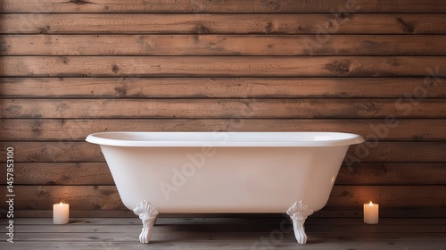 Elegant White Bathtub in Cozy Rustic Bathroom with Wooden Walls