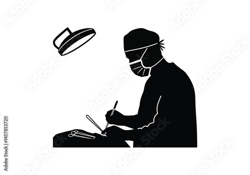 Surgeon silhouette. This image showcases a black silhouette of a surgeon in professional attire, symbolizing medical expertise, precision, and patient care. Vector clipart illustration design.