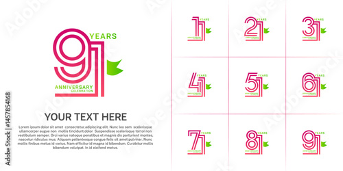 Anniversary logo style double line number set with ribbon. purple color on white background for celebration event