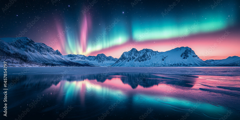 Naklejka premium Aurora Borealis Over Snowy Mountains Reflected on a Frozen Lake at Twilight