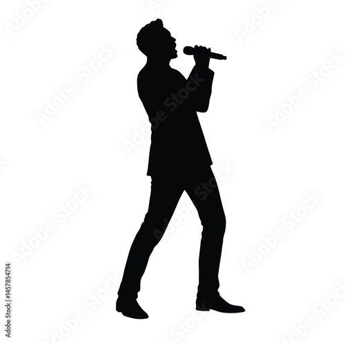 Male singer silhouette. This image depicts a black silhouette of a vocalist holding a microphone, showcasing dynamic motion, performance, and artistic expression. Vector clipart illustration design.
