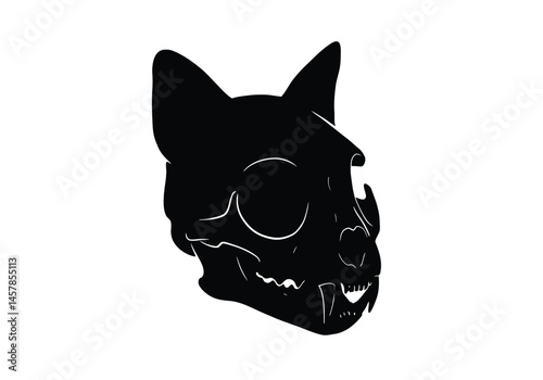 Cat skull silhouette. This image showcases a black silhouette of a feline skull, emphasizing its skeletal structure and eerie artistic design. Vector clipart illustration design.