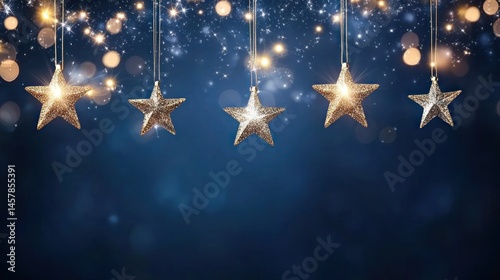 Five gold glitter stars on sparkling blue holiday background