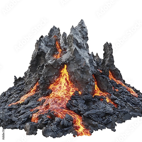 Large mountain with a volcano on top and lava flowing down the side