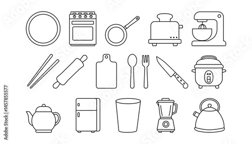 Kitchenware Stove, Plat, Mixer, Blender Outline for Coloring Page