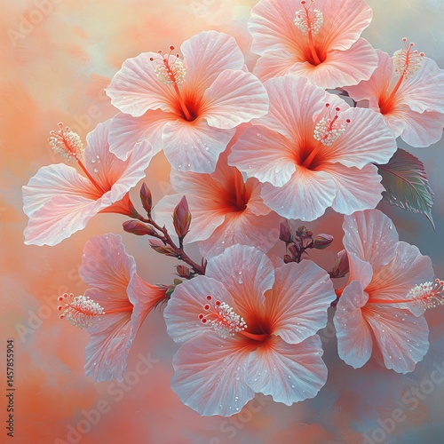 Vibrant hibiscus flowers in soft coral and peach hues create a serene, impressionistic backdrop. Ideal for spa, tropical, wedding, or feminine designs. Copy space.