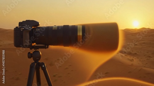 Camera Capturing Desert Landscape During Golden Hour with Sun Setting