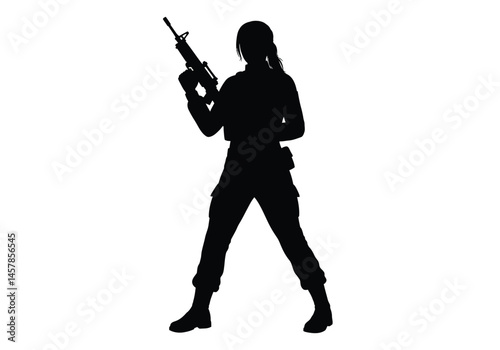 Female military silhouette. This image shows a female soldier parachuting, depicted in a black silhouette style. Vector clipart illustration design.