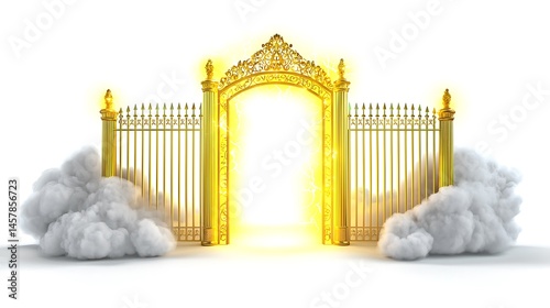 Golden gate with a golden archway and clouds in the background