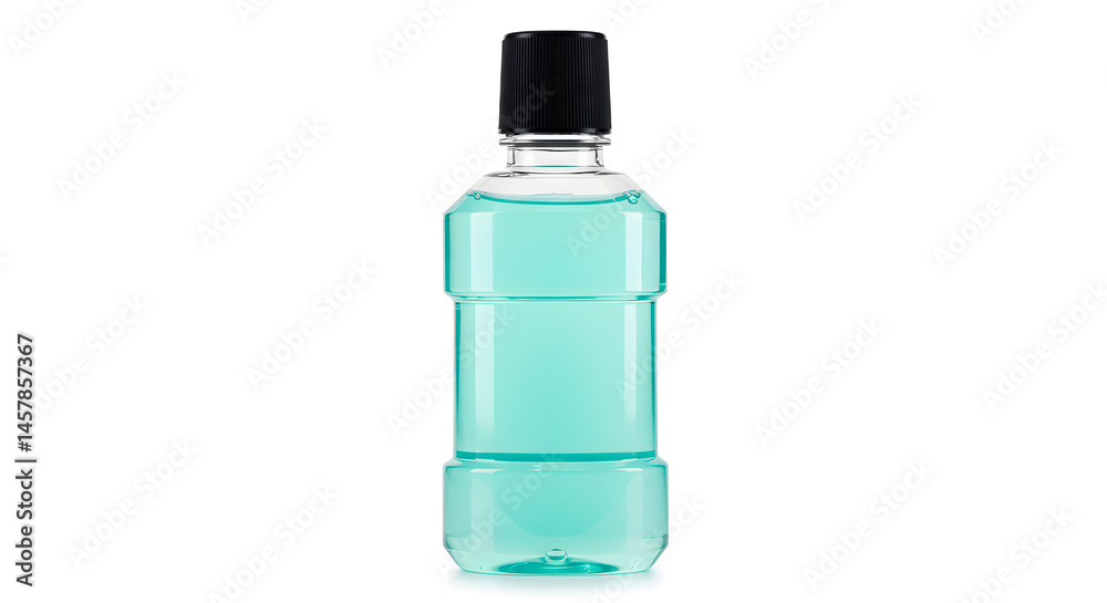 Close Up of Refreshing Turquoise Mouthwash in Clear Plastic Bottle Isolated on White for Oral Health and Personal Hygiene Routine Close Up of Refreshing Turquoise Mouthwash in Clear Plastic Bottle Isolated on White for Oral Health and Personal Hygiene Routine