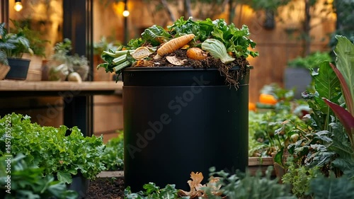 Compost Bin Surrounded by Lush Greenery in Garden