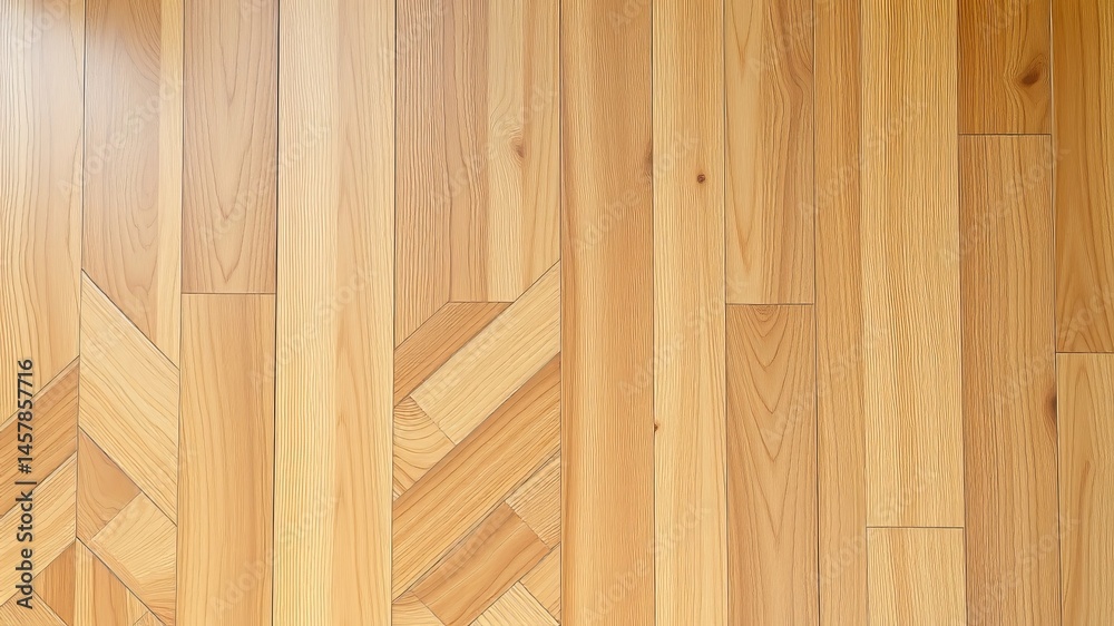 Fototapeta premium A high-resolution overhead shot showcases a light-colored wood floor with an intricate parquet pattern design ideal for interior design projects.