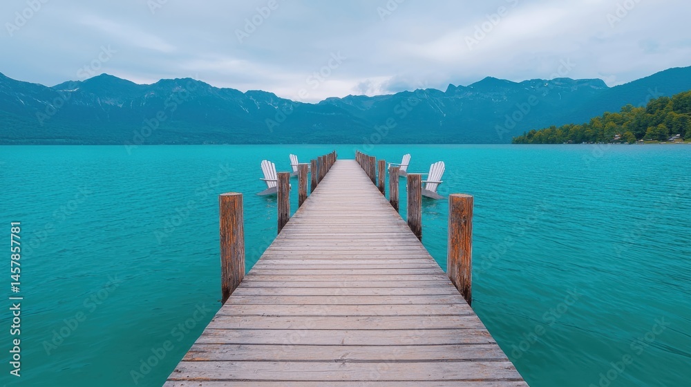 Fototapeta premium Serene Dock Overlooking Turquoise Lake and Mountain Range