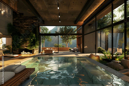 Wallpaper Mural Luxurious indoor swimming pool with large windows overlooking a natural landscape. Torontodigital.ca