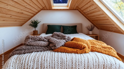 Cozy attic bedroom with natural light, warm blankets, and decor