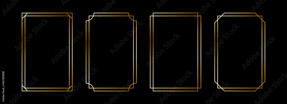 Thin metallic rectangle frame set. Shiny gold foil border collection. Golden glowing geometric boarder bundle in art deco style. Rectangular element pack for photo, cadre, card, emblem, label. Vector