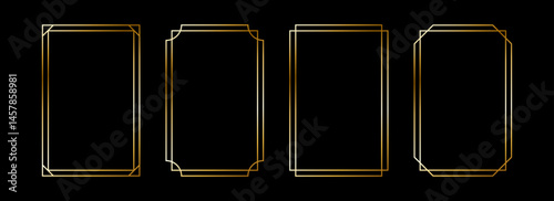 Thin metallic rectangle frame set. Shiny gold foil border collection. Golden glowing geometric boarder bundle in art deco style. Rectangular element pack for photo, cadre, card, emblem, label. Vector