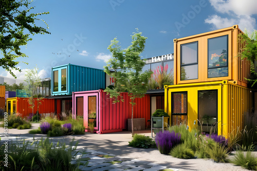 Colorful stacked shipping container homes surrounded by greenery under a bright blue sky.