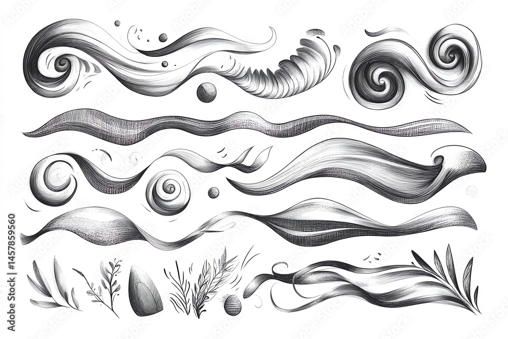 Fototapeta premium Swirling Waves and Floral Elements