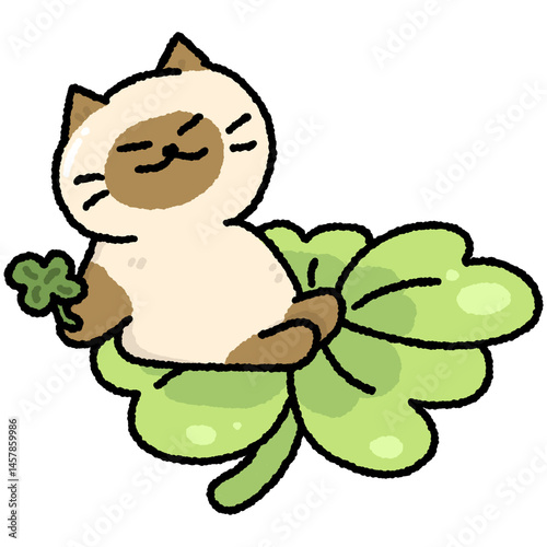 Cute Siamese Cat with Leaf Clover Illustration