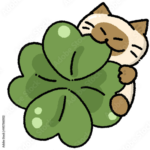 Cute Siamese Cat Hugging Four-Leaf Clover Illustration