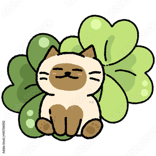 Cute Siamese Cat with Leaf Clover Illustration