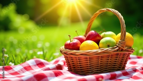 Sunny day, checkered blanket, wicker basket, fruit, sandwiches , sun, strawberries
