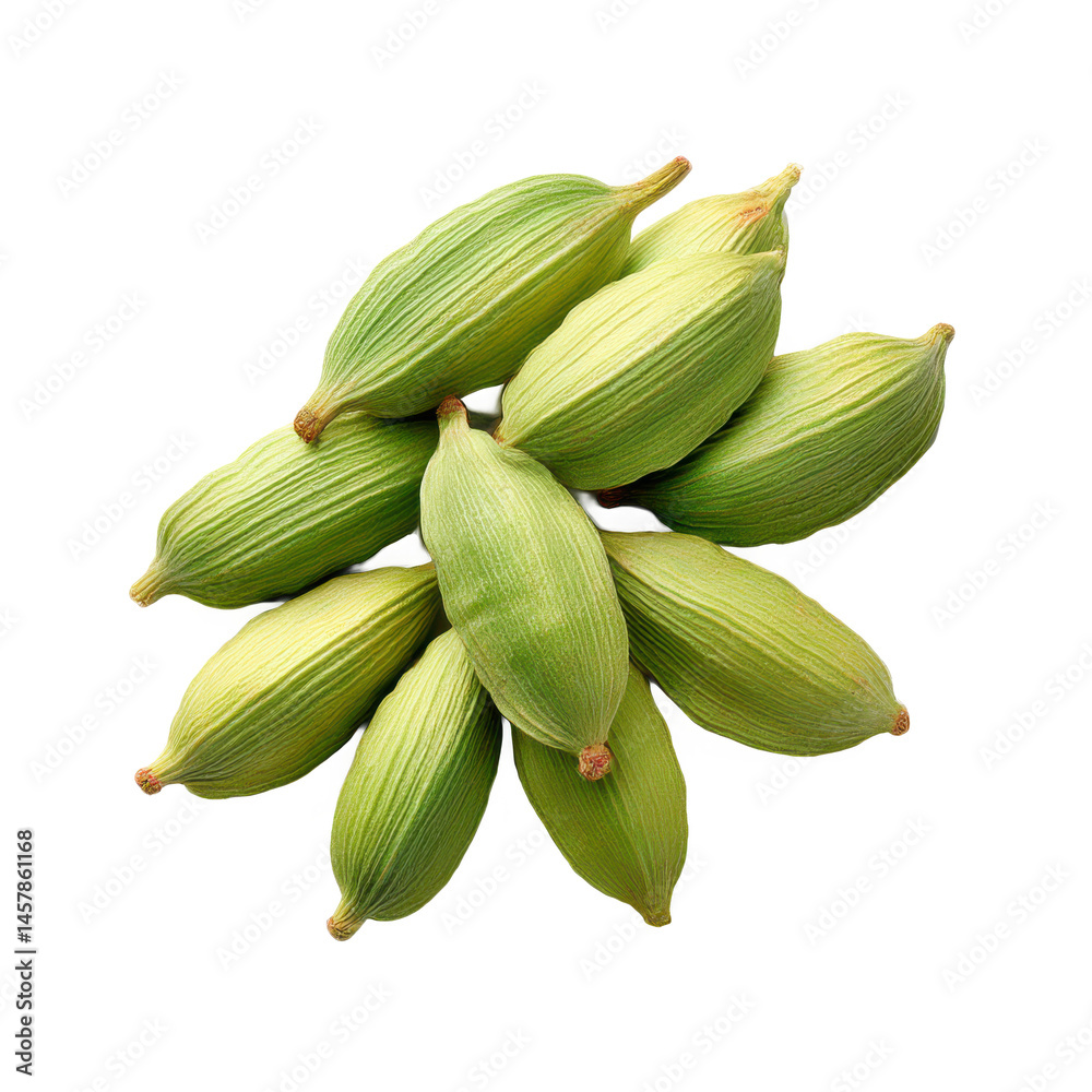 Fototapeta premium Pile of green cardamom pods isolated on transparent background