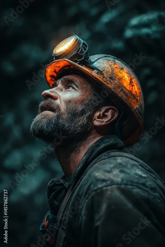A mining site with rugged equipment and safety lights glowing. A miner is taking a deep breath after coming up from the shaft. The feeling is tough and earned