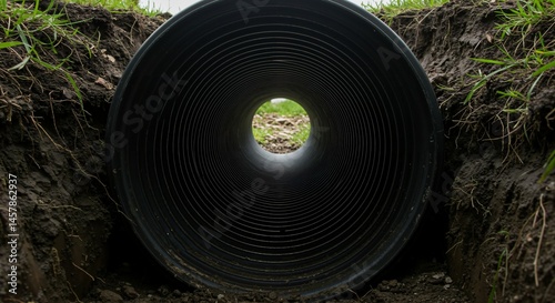 A view looking into the dark, ribbed interior of a large black corrugated plastic pipe recently laid in a muddy trench dug into the ground with grass visible at the edges.