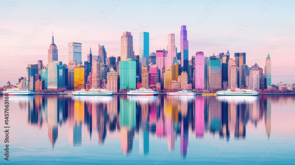 Obraz premium Colorful City Skyline Reflection at Dusk Over Calm Water Surface
