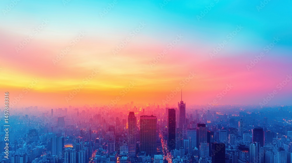 Fototapeta premium Stunning Sunset Over Urban Skyline with Colorful Cloudy Sky