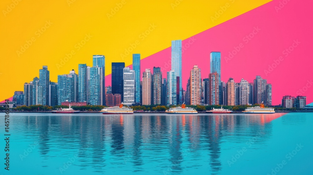 Fototapeta premium Vibrant City Skyline with Colorful Background and Reflection in Water
