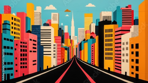 Colorful Cityscape Illustration Featuring Tall Buildings and Road
