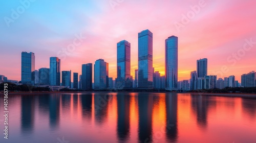 Stunning Urban Skyline Reflection During Vibrant Sunset Moment