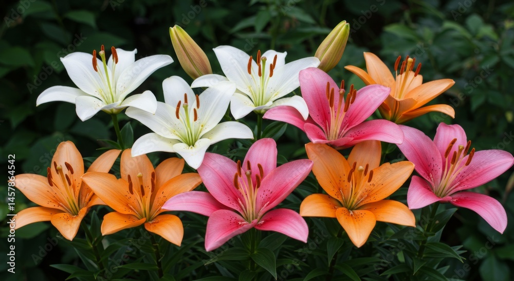 Fototapeta premium Orange Pink and White Lilies Blooming in Garden