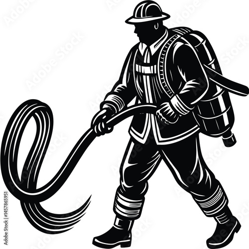 Firefighter vector Silhouette illustration Firefighter dragging hose over shoulder