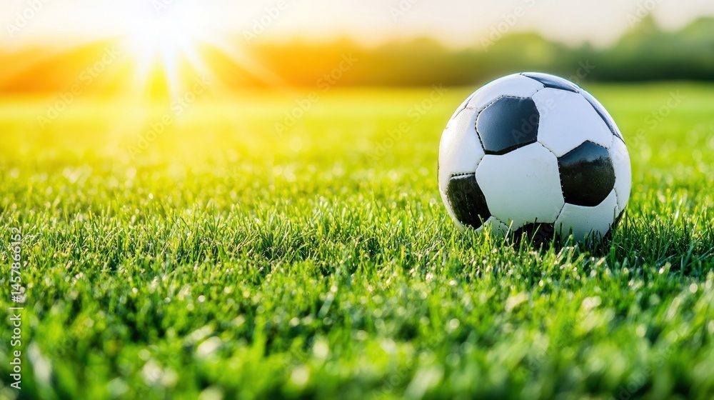 Fototapeta premium Soccer ball on green field at sunset