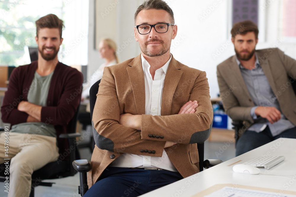 Fototapeta premium Businessman, arms crossed and portrait with smile in office for career confidence, startup pride or coworking job. Professional, designer or happy at advertising agency for project management at desk