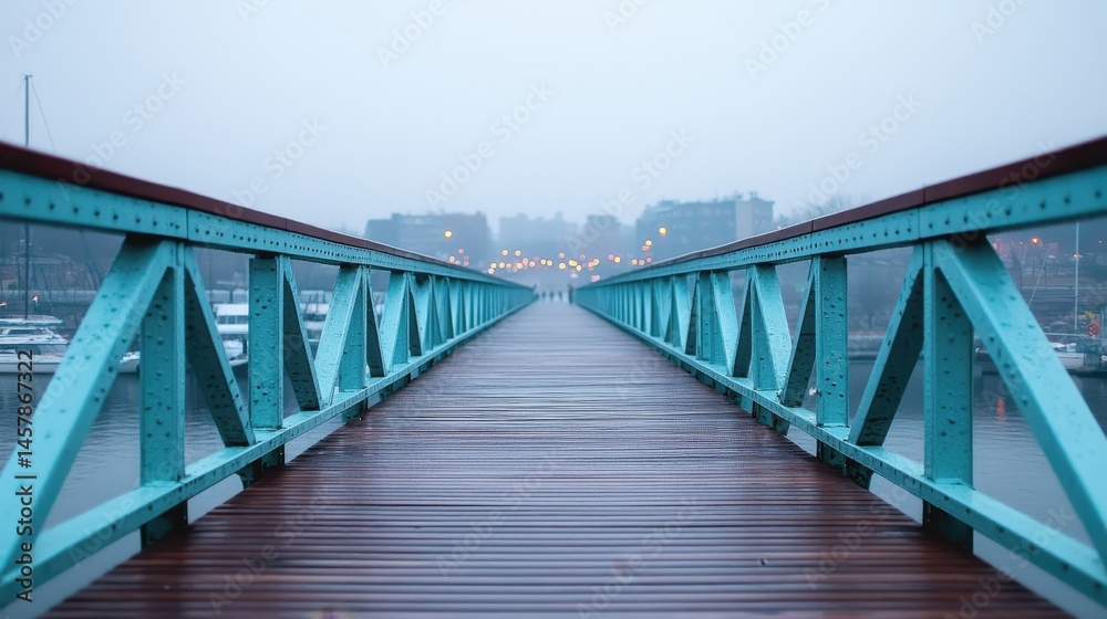 Obraz premium Calm Foggy Morning at Scenic Bridge Over Water with Lights
