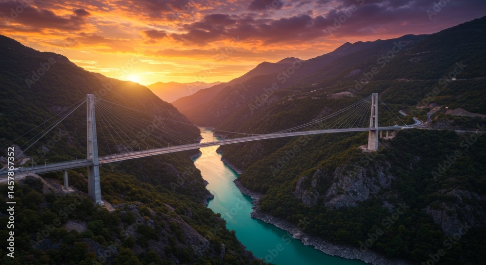 Fototapeta premium Suspension Bridge Over Canyon at Sunset