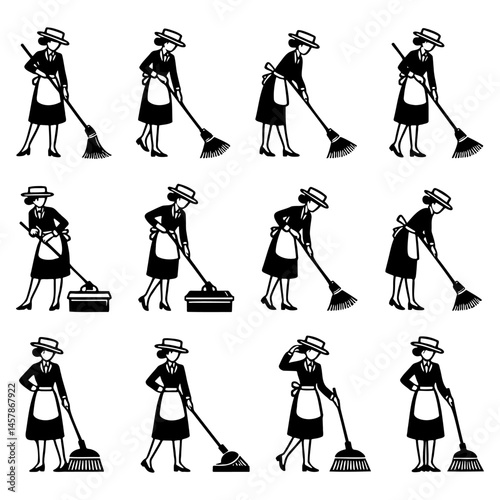 Vector design collection Illustration of a housemaid or a woman wearing an apron and hat doing her job of sweeping and mopping the floor